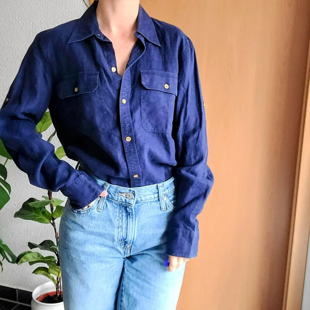 Lauren Ralph Lauren Navy Blue Linen Long Sleeve Button Down Shirt Size Medium - Picture 11 of 13